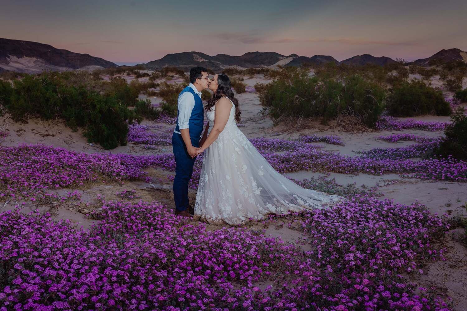 A couple looking each other with love on a field with wild purple flowers